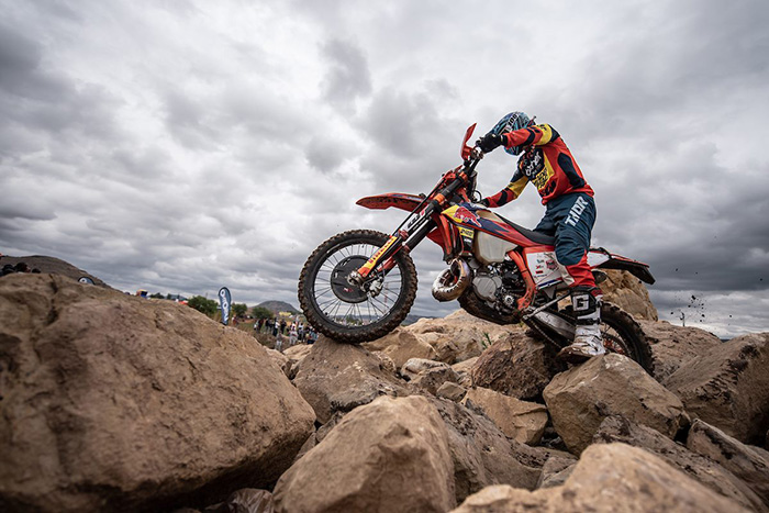 Scott Bouverie tackles the enduro cross course at the 2019 Motul Roof of Africa 